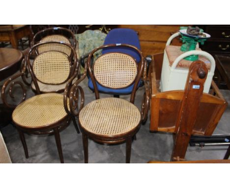 		A pine cradle, loom ottoman, three bentwood chairs, office chair and kitchen scales