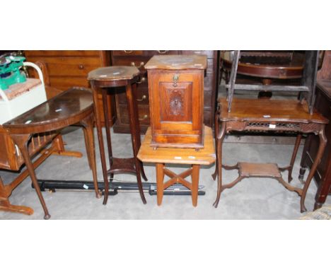 		A two tier table, coal purdonium, occasional table, jardiniere stand, demi-lune table and a projector screen