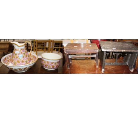 		A jug and bowl set (A.F.), a pine stool, an oak stool and a mahogany bed table