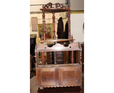 		A mahogany hanging cupboard with display shelf over together with a Victorian walnut inlaid corner whatnot (worm)