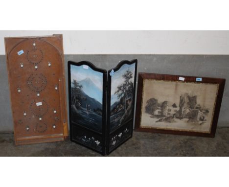 		D. Jagger. A watercolour en-grisaille of Ludlow Castle together with a small diptych screen and a bagatelle board