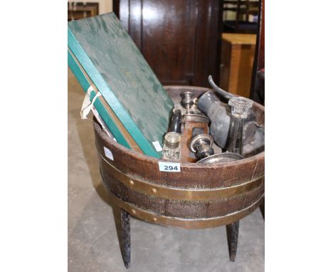 		A Lister of Dursley coppered planter with inkstand cahmbersticks etc.