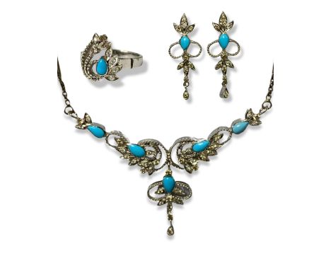 A Vintage 1960'S Diamond &amp; Turquoise Suite Set in White Metal in original box weighing 298 grams collectively&nbsp;