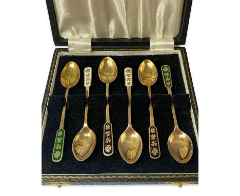 Set of 6 Danish silver gilt clover enamel design spoons made by Egon Lauridsen weighing 56.86 grams in total 