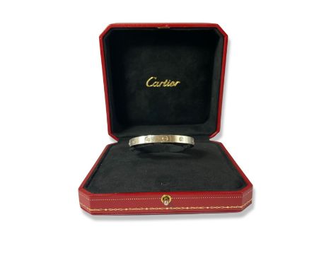 Cartier 18ct white gold and diamond love bangle size 15 with original box and papers - the box has some slight damage 