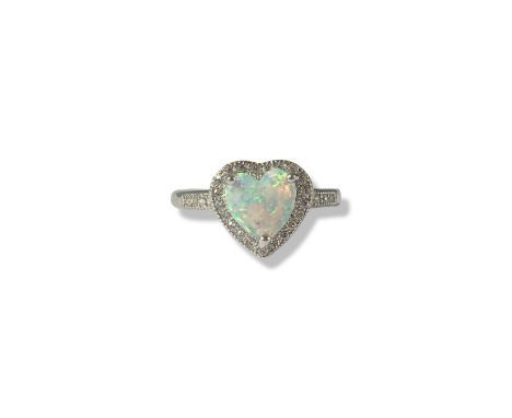 Silver, opal and CZ love heart cluster ring weighing 2.26 grams size I 1/2 