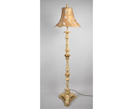 A Mid 20th Century Ornate Gilt Standard Lamp with Shade on Triform Base 