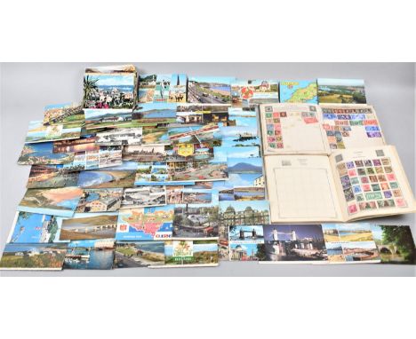 Two School Stamp Albums and Contents Together with a Collection of Vintage Postcards 