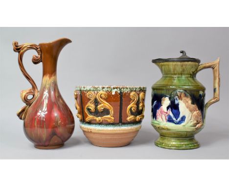A Continental Majolica Pewter Lidded Hot Water Jug, Glazed Planter and a Slender Necked Jug 