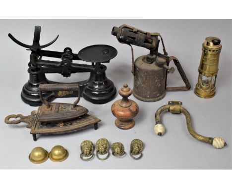 A Vintage Blow Torch, Brass Miners Model Safety Lamp, Flat Iron and Stand, Finial, Scale Space etc 