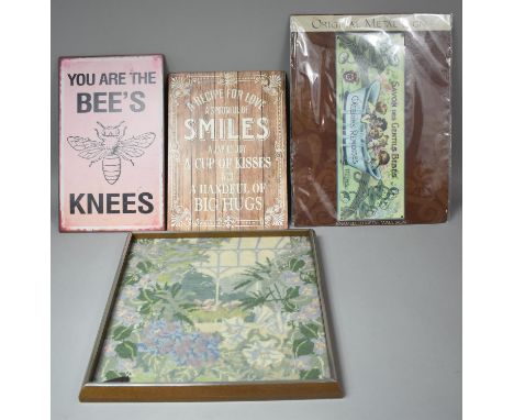 A Collection of Reproduction Printed Metal Signs, Framed Tapestry etc 