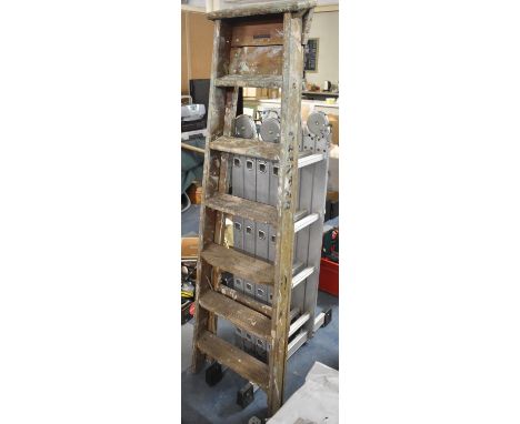 A Challenger Vintage Wooden Six Step Step Ladder Together with a Folding Aluminium four Section Ladder 