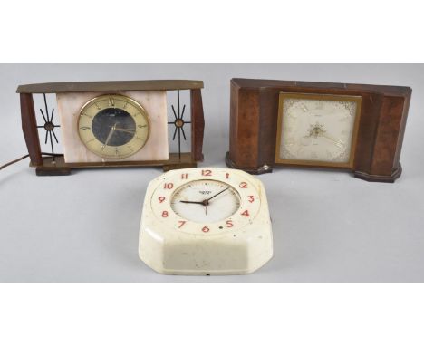 A Vintage Smiths Sectric White Bakelite Wall Clock and Two Mid 20th Century Mantle Clocks, One by Metamec 