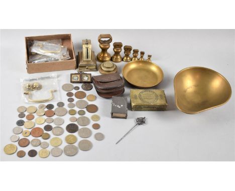 A Collection of Metal Sundries to Include Coins, Scale Weights and Pan, Coronation Photo Frame, Brass Lacquered Drawer Handle