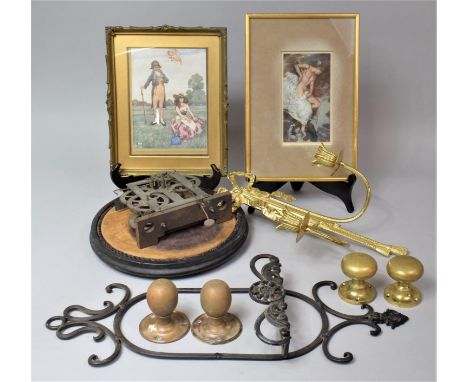 A Tray of Sundries to Include Gilt Wall Mounting Candle Stand, Vintage Door Knobs, Two Framed Prints, Clock Movement etc 