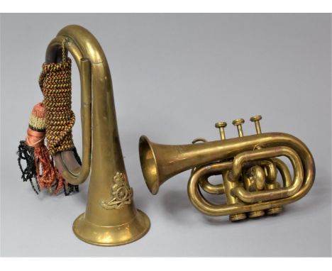 A Military Bugle and a Brass Cornet, Boosey Trademark by Bessons, both Missing Mouth Pieces 