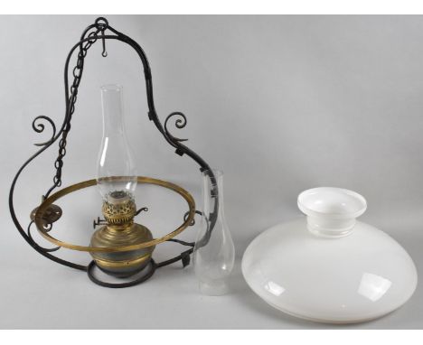 A Vintage Brass Mounted Ceiling Suspended Oil Lamp with Two Chimneys, Opaque Glass Shade and Now Converted Electricity 