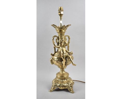 A Mid 20th Century Brass Figural Table Lamp of Vase Form with Cherub Mount, 51cm High 