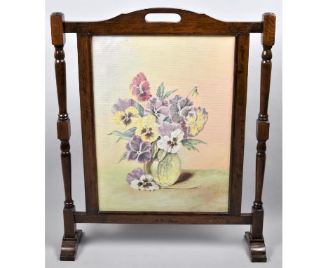 A Mid 20th Century Oak Firescreen With Painted Pansy Decoration, 64.5cm wide 