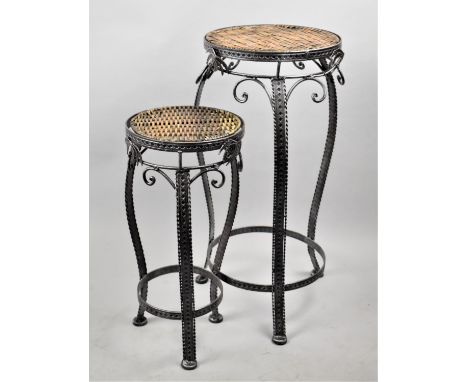 Two Graduated Circular Topped Metal and Wicker Tripod Stands, The Tallest 67cm 