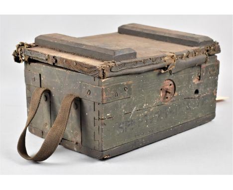A Vintage Wooden Ammunition Box with Canvas Carrying Handles, 33cm wide 