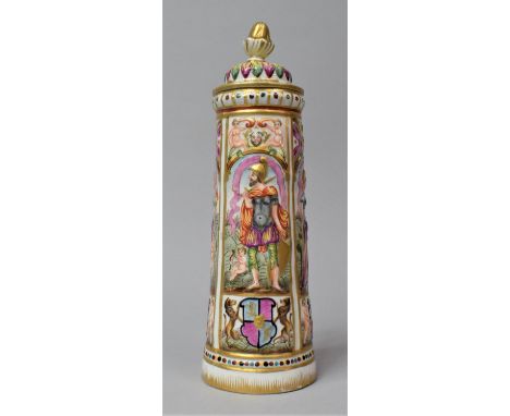 An Italian Tapering Cylindrical Vase and Cover Decorated In Relief with Classical Figures, Cherubs and Heraldic Shields, Napl