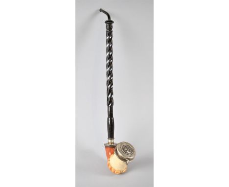 A Late 19th/Early 20th Century Silver Mounted Continental Pipe, Having Barley Twist Stem, the Hinged Bowl Lid Decorated with 