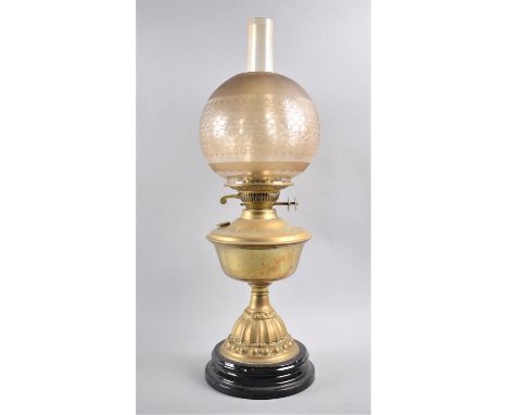 A Late 19th/Early 20th Century Brass Oil Lamp with Duplex Controls Having Plain Glass Chimney and Etched Globe, Total Height 