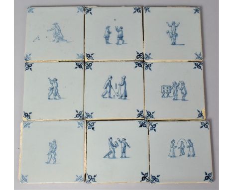 A Collection of Nine Early Blue and White Delftware Tiles Decorated with Figures Playing Sports and Games, 5" Square