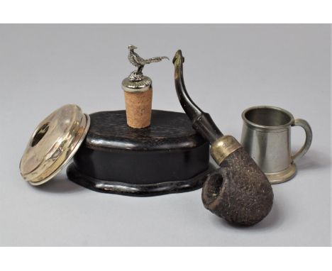 A Ebonised Oval Dressing Table Box, Irish Pipe with Sterling Silver Mount, Pheasant Wine Saver Cork, Miniature Pewter Tankard