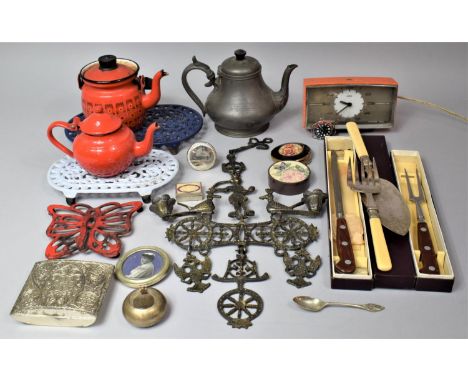 A Collection of Sundries to Include Vintage Clock, Metal Teapots, Teapot Stand, Carving Tools, Watch etc 