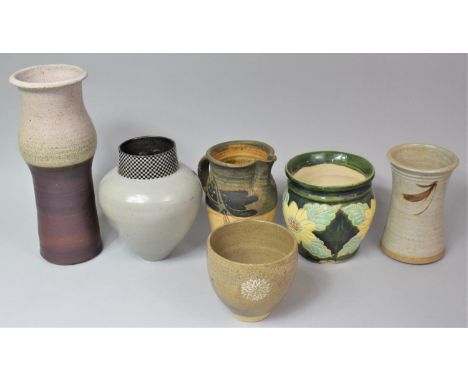 A Collection of Various Studio Pottery to Comprise Vases Jug, Planter etc One Example Having Chequerboard Design to Neck 