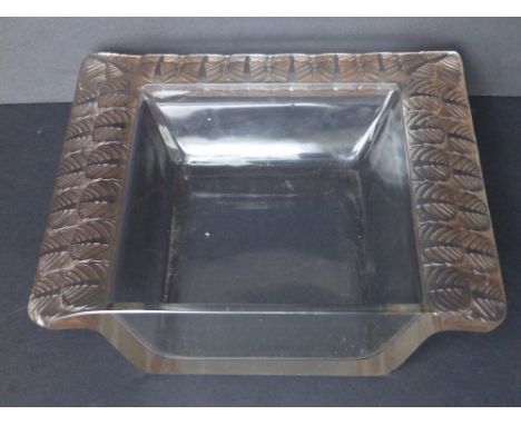 A Rene Lalique Charme pattern rectangular glass bowl, moulded with two rows of coloured  leaves to three sides, originally pa