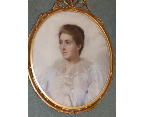 19thC School - oval watercolour with bodycolour  - Head &amp; shoulders portrait of a dark-haired young lady in white organza