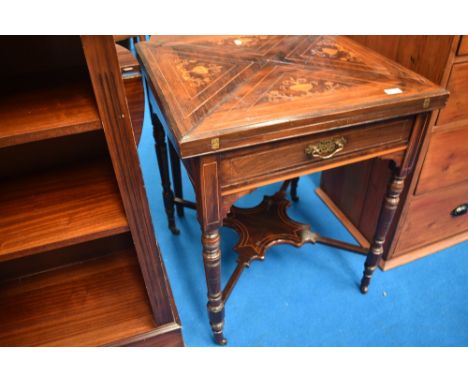 A Victorian envelope card table having inlaid decoration, approx 59 x 59cm (height 73cm)