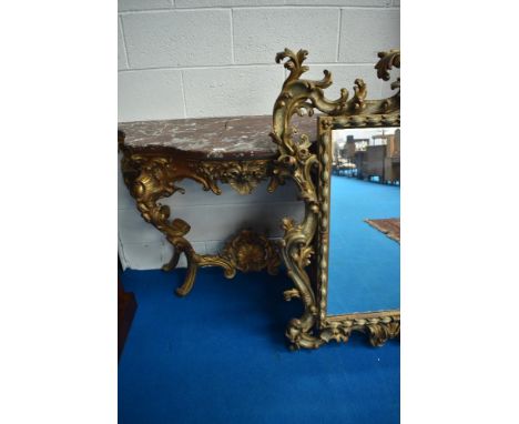 A vintage French Louis XV style gilt console table having rouge marble top (af) and a later complimentary mirror