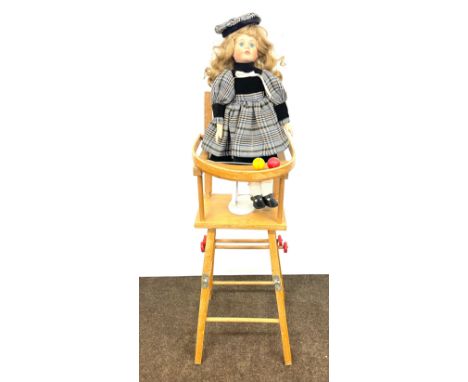 Vintage children's toy metamorphic wooden highchair and pot doll 