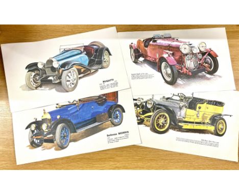 Selection 4 car prints to include Bugatti, Rolls Royce, Morris etc 