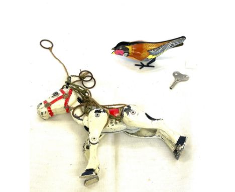 Vintage Metal Muffin the Mule Toy with articulating moving legs, Wind up tin bird with key 