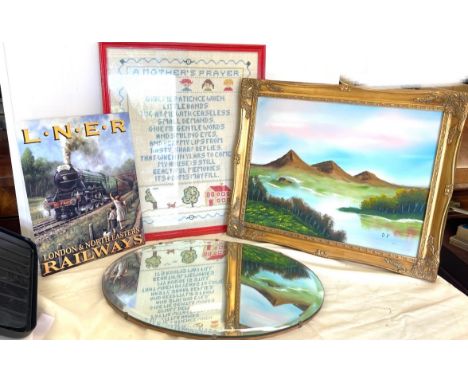 Oval frameless mirror, LNER sign, picture in frame and framed tapestry 