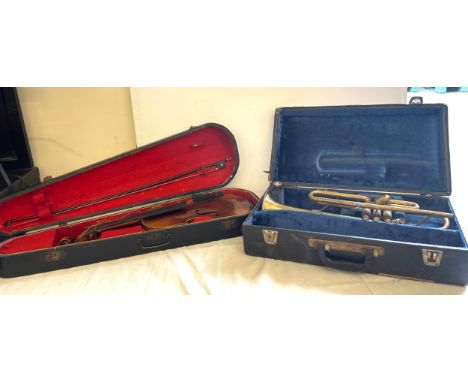 Violin in case with bow, brass Trumpet in case 