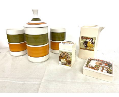 Carlton 3 piece art nouveau set with glued jug, Arthur Wood set of 3 green and orange  jars, with 1 lid 