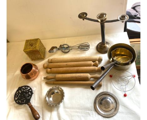 Box of vintage kitchinalia includes rolling pins etc 