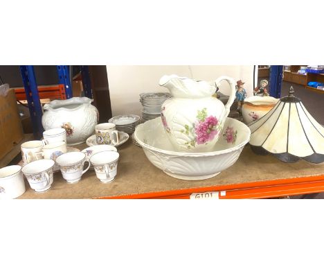 Large shelf of miscellaneous to include capodimonte, jug and bowl etc 