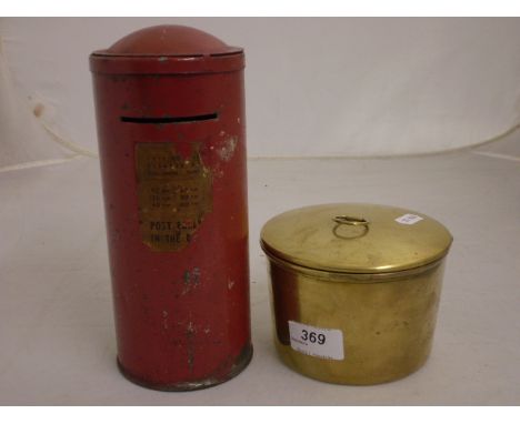 VINTAGE MILITARY MONEY BOX IN THE FORM OF A POSTBOX AND BRASS COOKING POT 