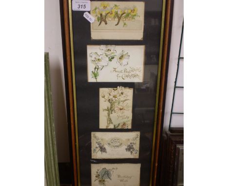 5 VINTAGE FRAMED GREETINGS CARDS (23X56)CM