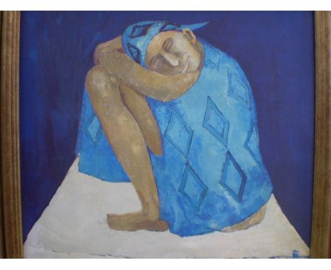 FRAMED PRINT OF CROUCHING MAN AFTER DISSAR '89 PLUS PRINT OF FLOWER