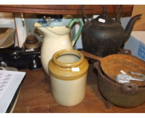 ENAMEL JUG, CAST IRON KETTLE TRIVET  &amp; SALT GLAZED POT ETC