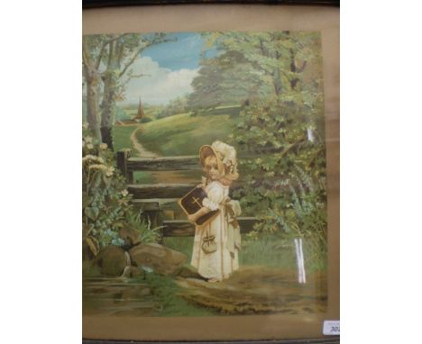 FRAMED VINTAGE PRINT OF GIRL WALKING TO CHURCH ACROSS FIELDS (57X50)CM