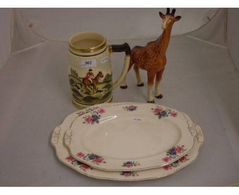 HUNTING THEME TANKARD, 2 ALFRED MEAKIN PLATTERS AND MELBA WARE GIRAFFE  